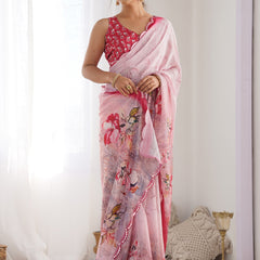 Baby Pink Chinon Silk Print Work With Mirror Work Border Designer Saree