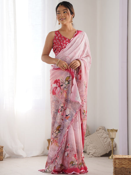 Baby Pink Chinon Silk Print Work With Mirror Work Border Designer Saree