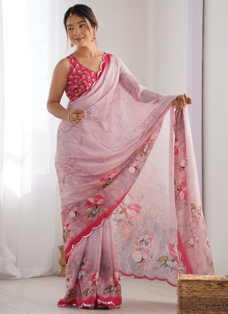 Baby Pink Chinon Silk Print Work With Mirror Work Border Designer Saree