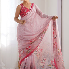 Baby Pink Chinon Silk Print Work With Mirror Work Border Designer Saree