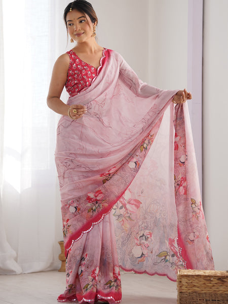 Baby Pink Chinon Silk Print Work With Mirror Work Border Designer Saree