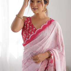 Baby Pink Chinon Silk Print Work With Mirror Work Border Designer Saree
