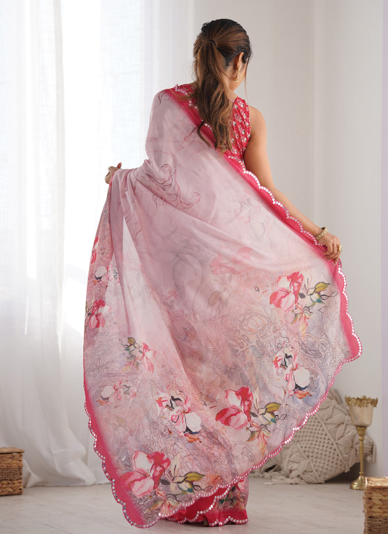 Baby Pink Chinon Silk Print Work With Mirror Work Border Designer Saree