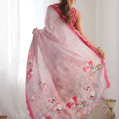 Baby Pink Chinon Silk Print Work With Mirror Work Border Designer Saree