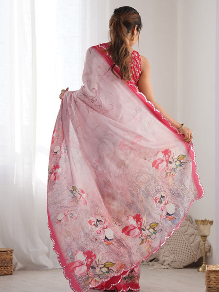 Baby Pink Chinon Silk Print Work With Mirror Work Border Designer Saree