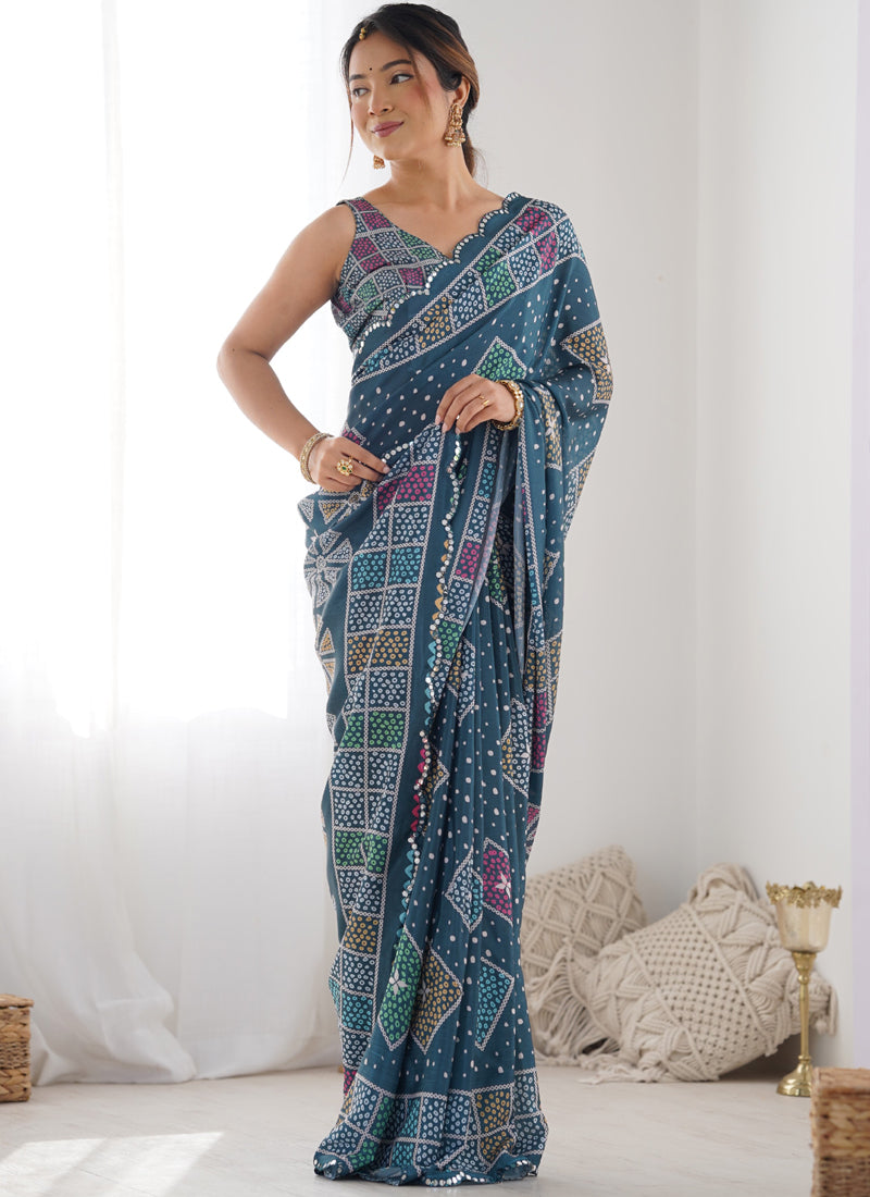 Blue Chinon Silk Print Work With Mirror Work Border Designer Saree
