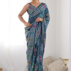 Blue Chinon Silk Print Work With Mirror Work Border Designer Saree