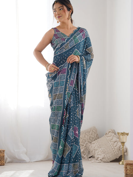 Blue Chinon Silk Print Work With Mirror Work Border Designer Saree