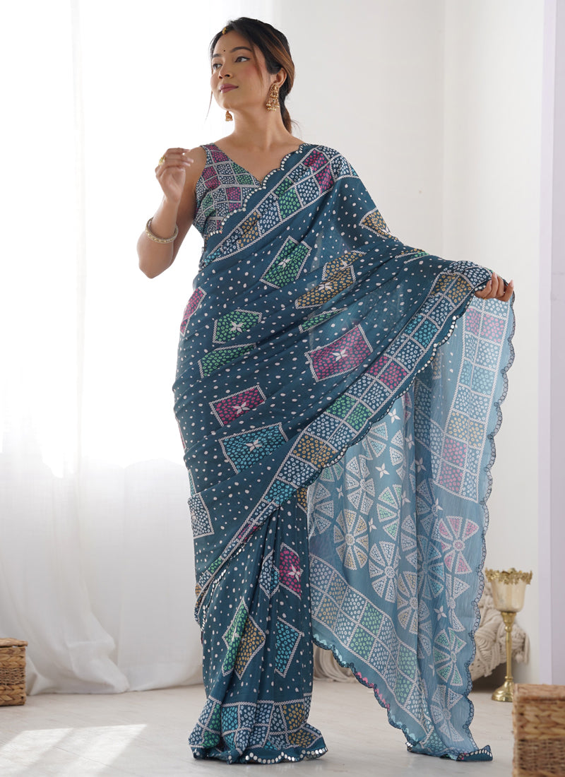 Blue Chinon Silk Print Work With Mirror Work Border Designer Saree