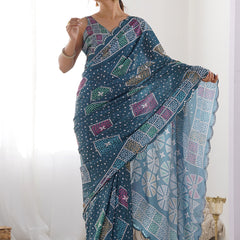 Blue Chinon Silk Print Work With Mirror Work Border Designer Saree