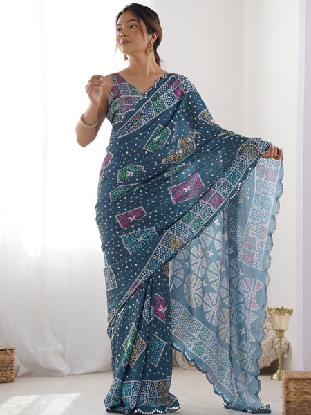 Blue Chinon Silk Print Work With Mirror Work Border Designer Saree