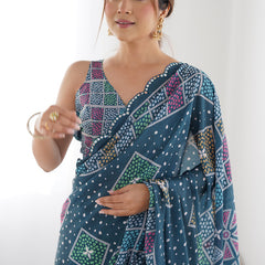 Blue Chinon Silk Print Work With Mirror Work Border Designer Saree