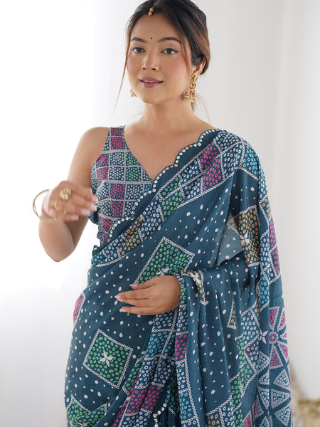 Blue Chinon Silk Print Work With Mirror Work Border Designer Saree