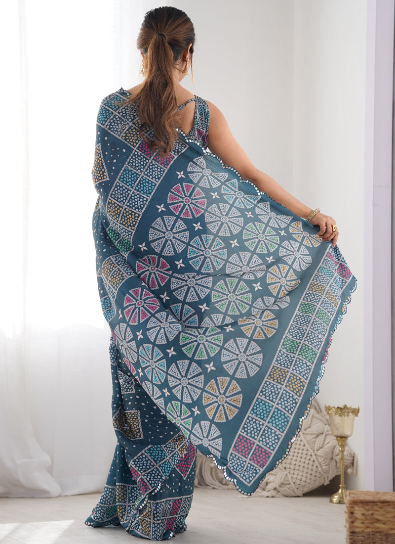 Blue Chinon Silk Print Work With Mirror Work Border Designer Saree