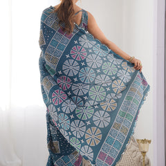 Blue Chinon Silk Print Work With Mirror Work Border Designer Saree