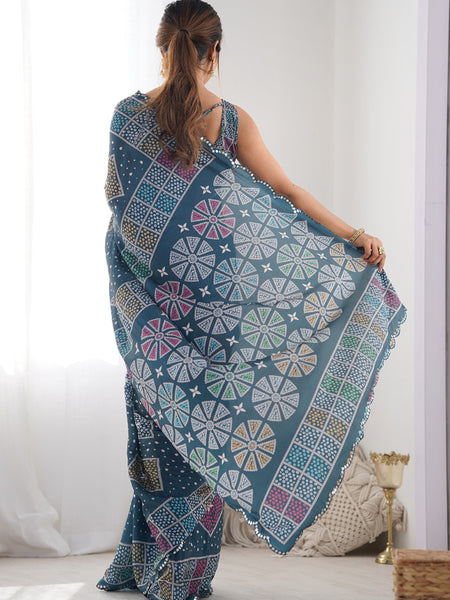 Blue Chinon Silk Print Work With Mirror Work Border Designer Saree