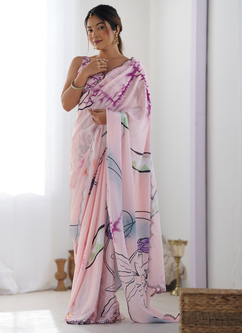Baby Pink Chinon Silk Print Work With Mirror Work Border Designer Saree