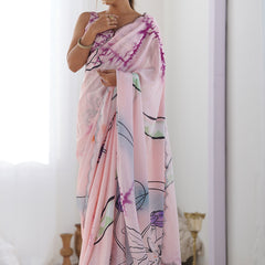Baby Pink Chinon Silk Print Work With Mirror Work Border Designer Saree