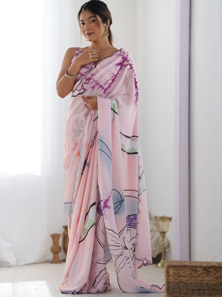 Baby Pink Chinon Silk Print Work With Mirror Work Border Designer Saree