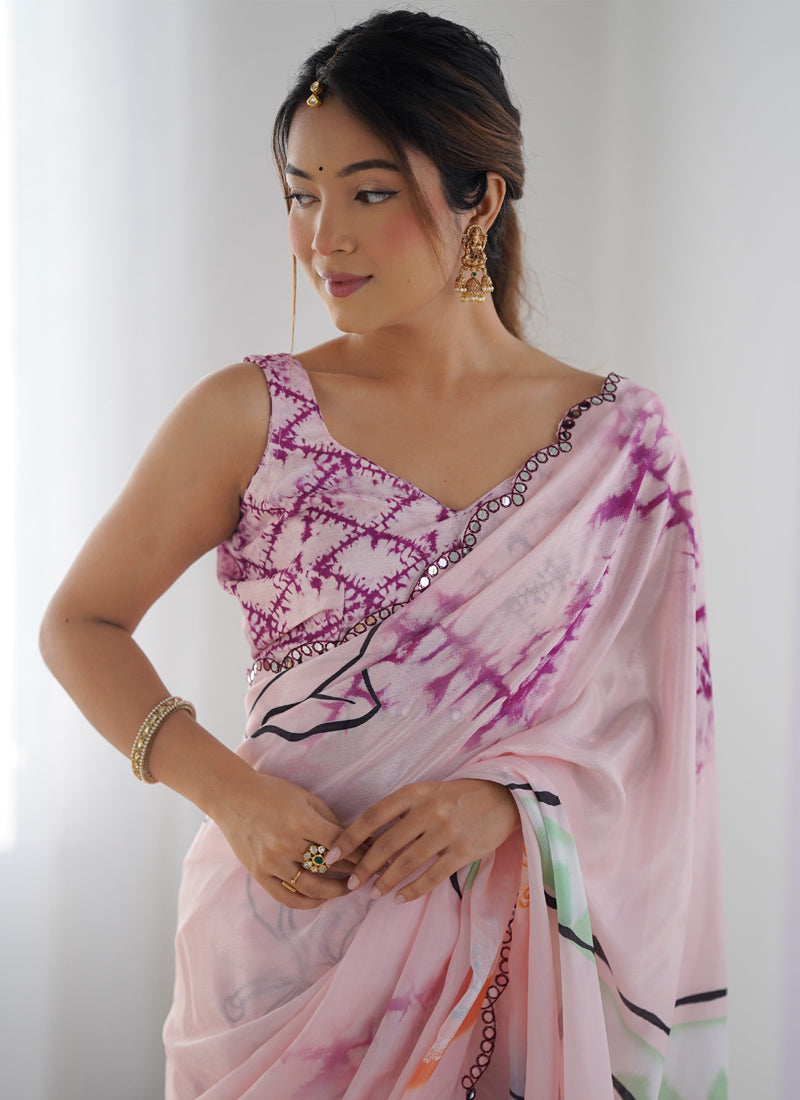 Baby Pink Chinon Silk Print Work With Mirror Work Border Designer Saree