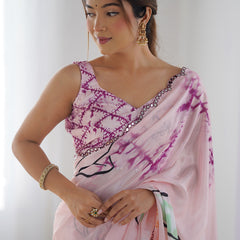 Baby Pink Chinon Silk Print Work With Mirror Work Border Designer Saree