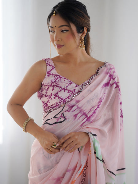 Baby Pink Chinon Silk Print Work With Mirror Work Border Designer Saree