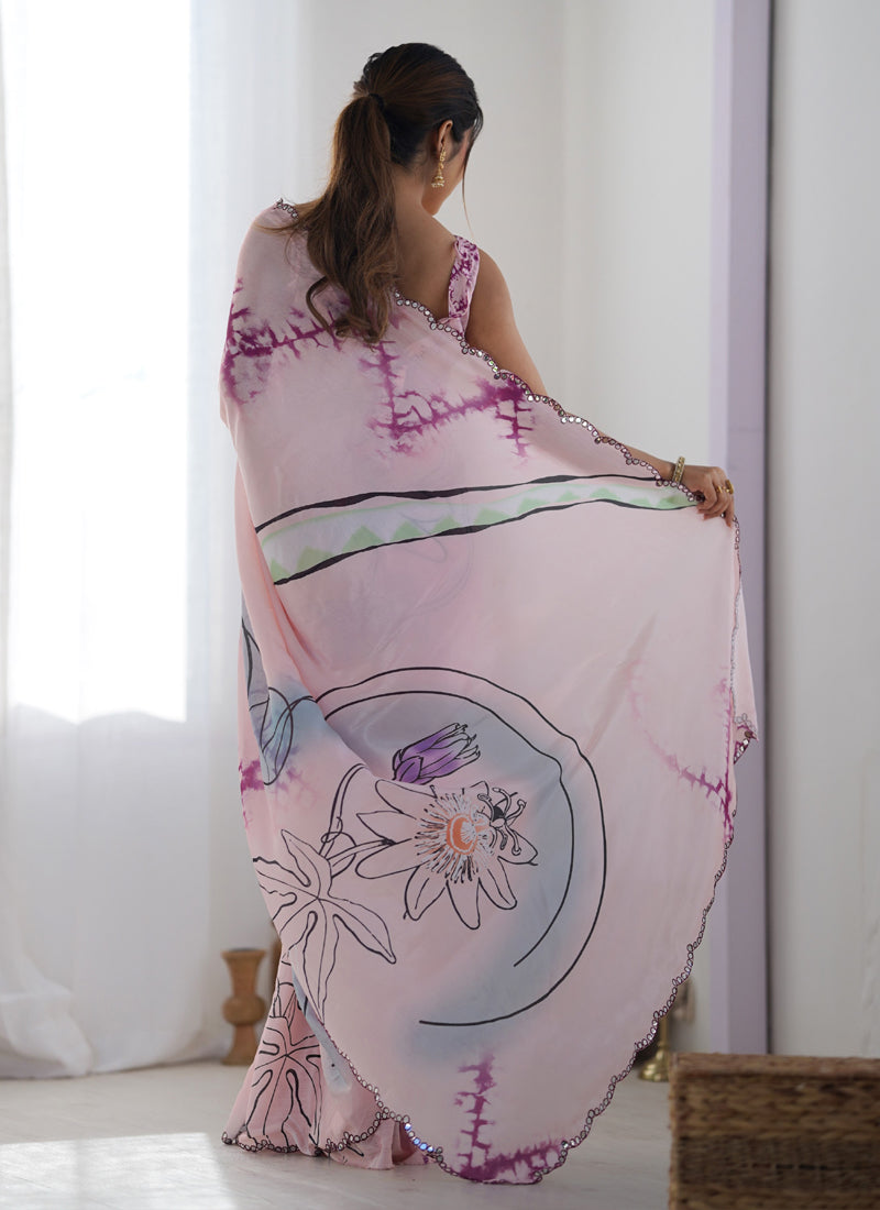 Baby Pink Chinon Silk Print Work With Mirror Work Border Designer Saree
