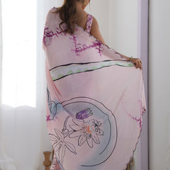 Baby Pink Chinon Silk Print Work With Mirror Work Border Designer Saree