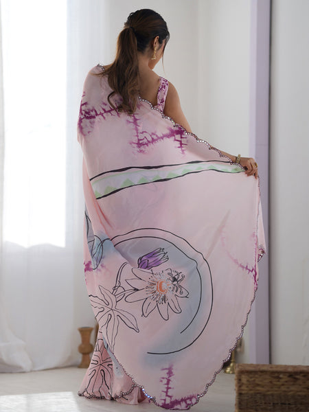 Baby Pink Chinon Silk Print Work With Mirror Work Border Designer Saree