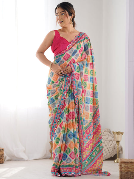 Multi Color Chinon Silk Print Work With Mirror Work Border Designer