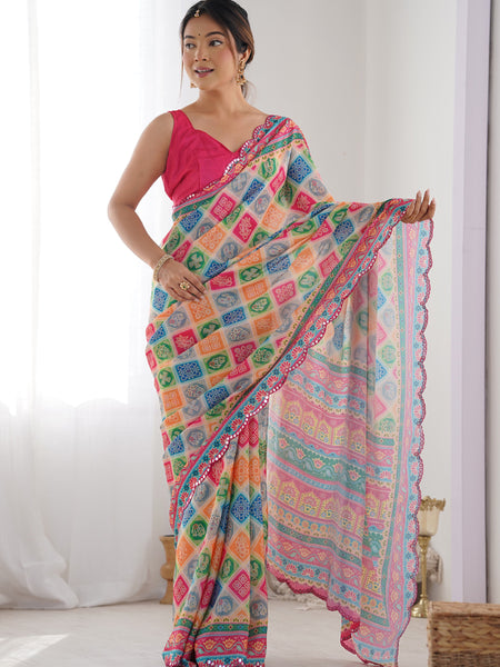 Multi Color Chinon Silk Print Work With Mirror Work Border Designer