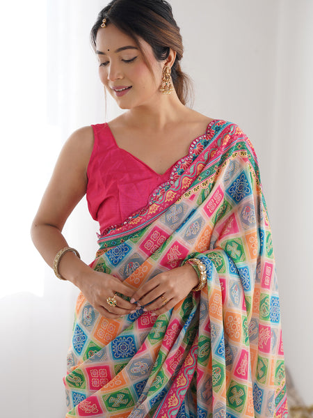 Multi Color Chinon Silk Print Work With Mirror Work Border Designer