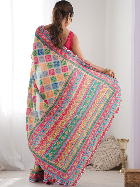 Multi Color Chinon Silk Print Work With Mirror Work Border Designer