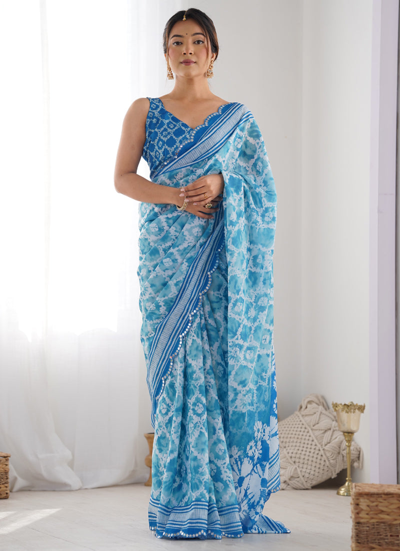 Sky Blue Chinon Silk Print Work With Mirror Work Border Designer Saree