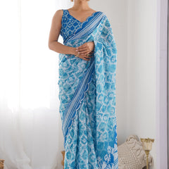 Sky Blue Chinon Silk Print Work With Mirror Work Border Designer Saree