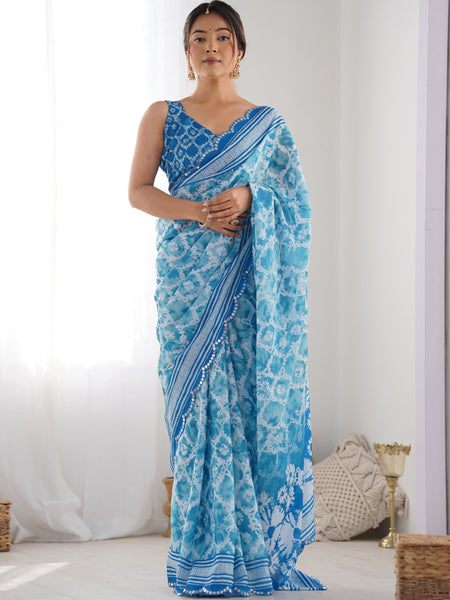 Sky Blue Chinon Silk Print Work With Mirror Work Border Designer Saree