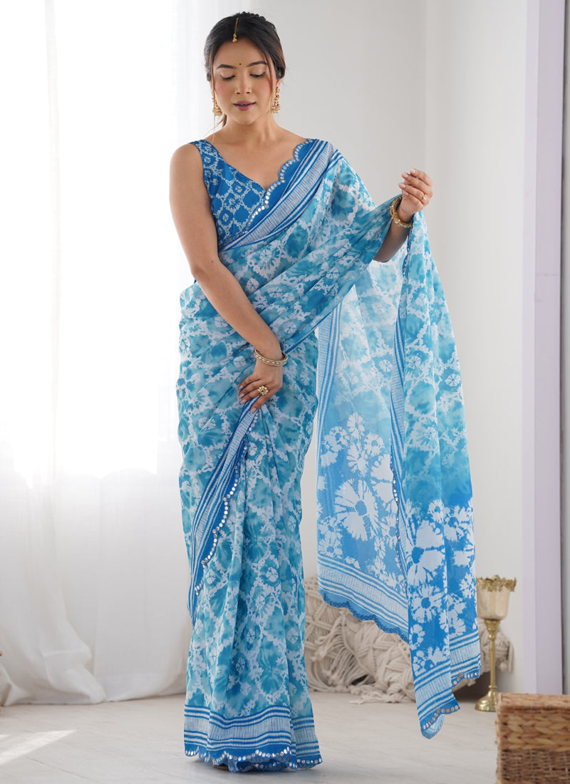 Sky Blue Chinon Silk Print Work With Mirror Work Border Designer Saree