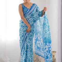 Sky Blue Chinon Silk Print Work With Mirror Work Border Designer Saree