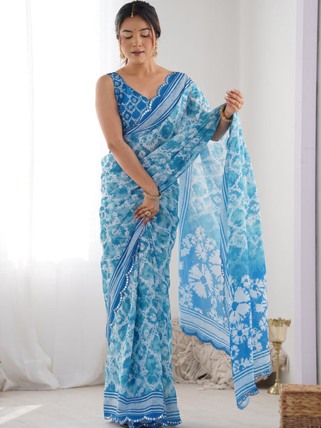 Sky Blue Chinon Silk Print Work With Mirror Work Border Designer Saree