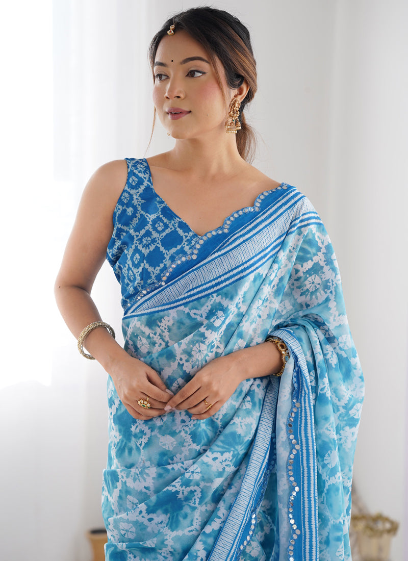 Sky Blue Chinon Silk Print Work With Mirror Work Border Designer Saree