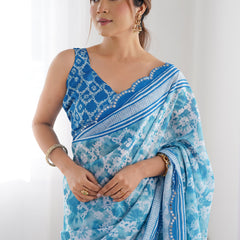 Sky Blue Chinon Silk Print Work With Mirror Work Border Designer Saree