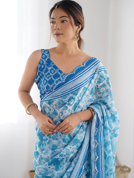 Sky Blue Chinon Silk Print Work With Mirror Work Border Designer Saree