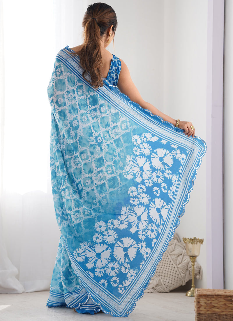 Sky Blue Chinon Silk Print Work With Mirror Work Border Designer Saree