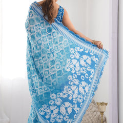 Sky Blue Chinon Silk Print Work With Mirror Work Border Designer Saree