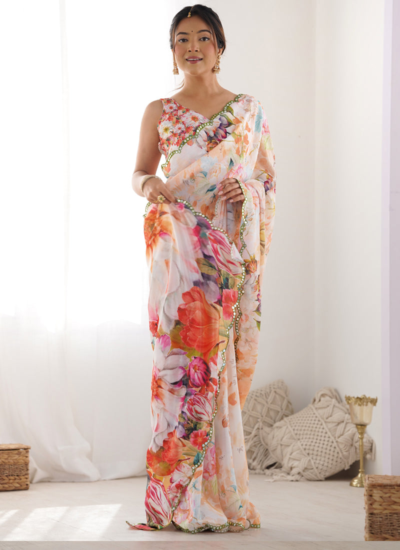 Off White Chinon Silk Print Work With Mirror Work Border Designer Saree