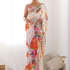 Off White Chinon Silk Print Work With Mirror Work Border Designer Saree