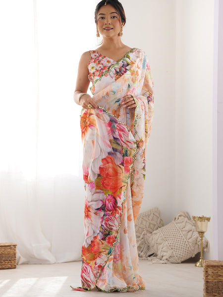 Off White Chinon Silk Print Work With Mirror Work Border Designer Saree