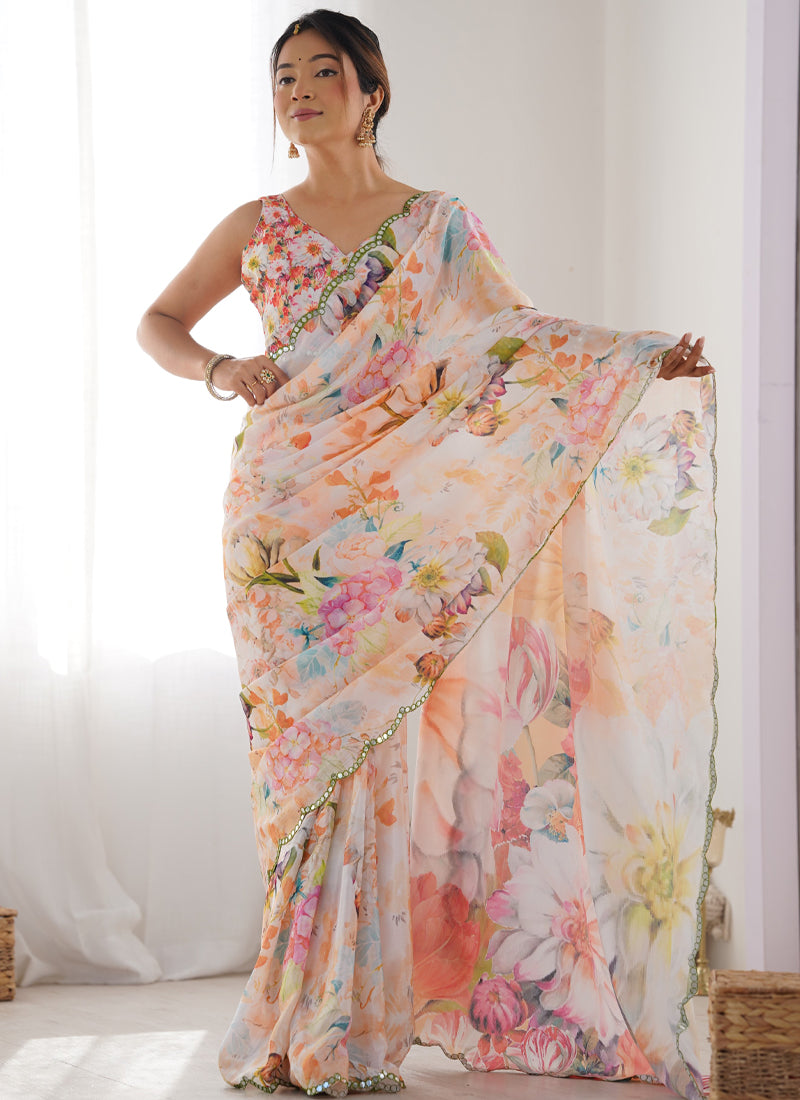 Off White Chinon Silk Print Work With Mirror Work Border Designer Saree