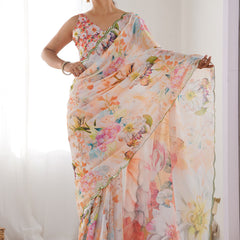 Off White Chinon Silk Print Work With Mirror Work Border Designer Saree