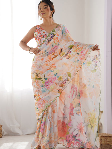 Off White Chinon Silk Print Work With Mirror Work Border Designer Saree